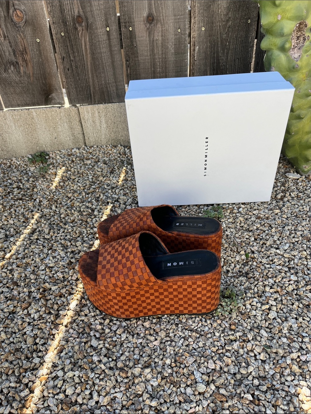 SIMON MILLER Blackout Platform Slide Sandals in Burnt Orange Checker for Women - Picture 4 of 4